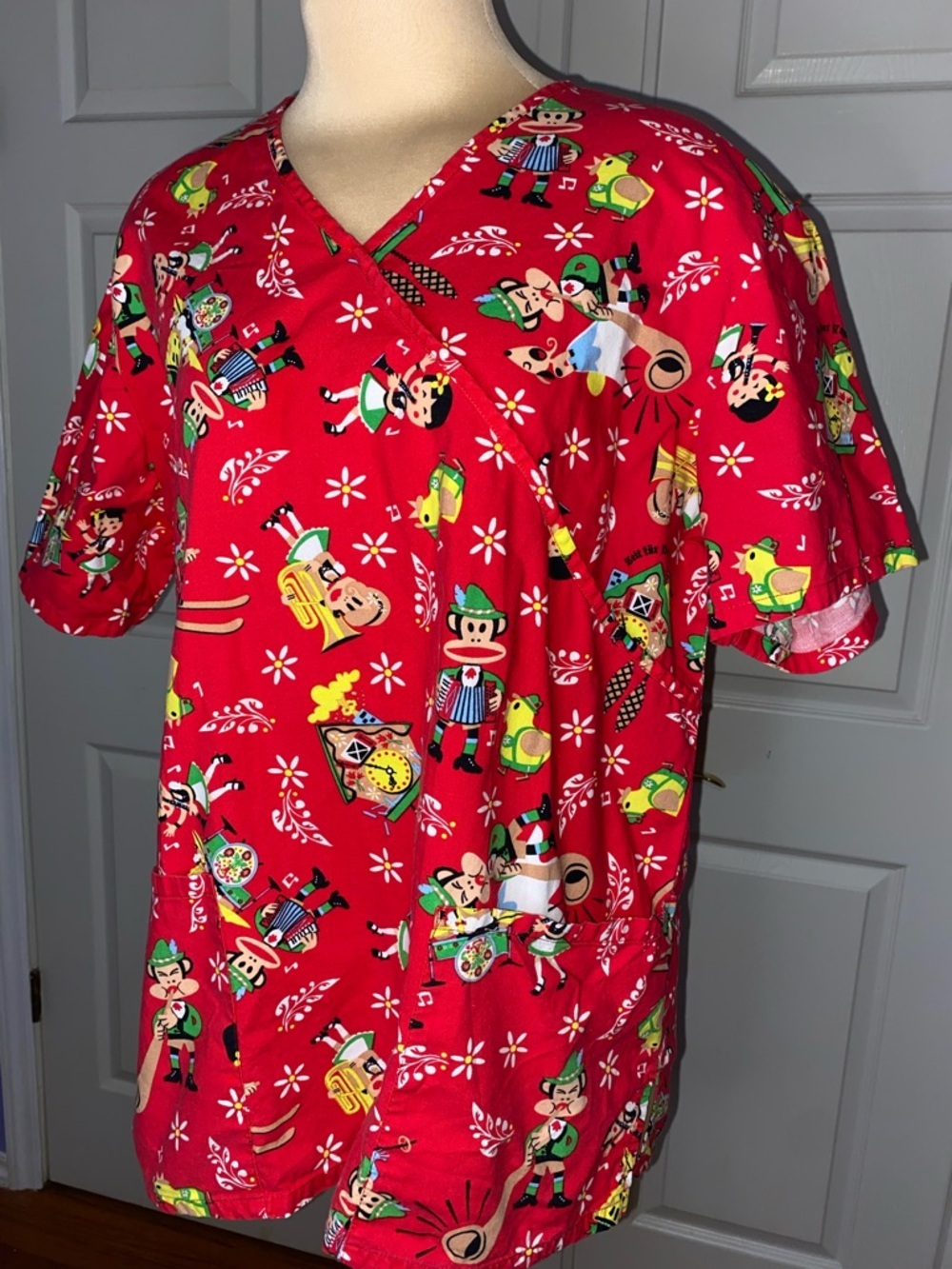 Paul Frank Red Novelty Oktoberfest Print V-Neck Scrub Top - Picture 2 of 5
